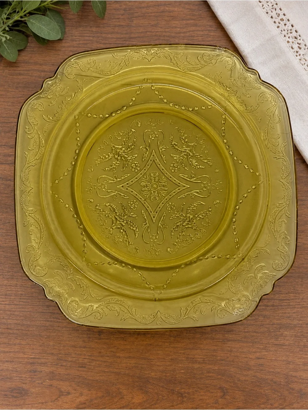 Vintage Amber Depression Glass Dinner Plates Set of 2 Square Ornate